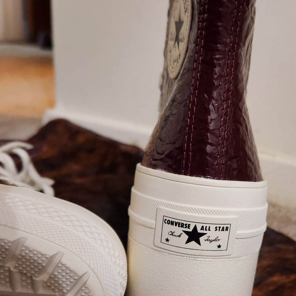 Womens Burgundy Crinkled Patent Leather Boots